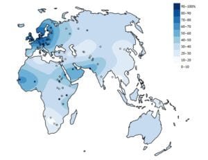 Porcentagem de adultos capazes de digerir lactose no Velho Mundo