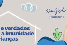 Banner com a frase "Mitos e verdades sobre a imunidade das crianças" ao lado o logo da Dr. Good e uma menina de cabelos pretos, pele branca e camiseta branca de perfil com a mão próxima ao rosto.