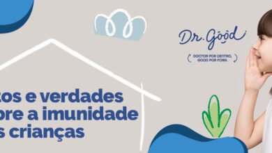 Banner com a frase "Mitos e verdades sobre a imunidade das crianças" ao lado o logo da Dr. Good e uma menina de cabelos pretos, pele branca e camiseta branca de perfil com a mão próxima ao rosto.